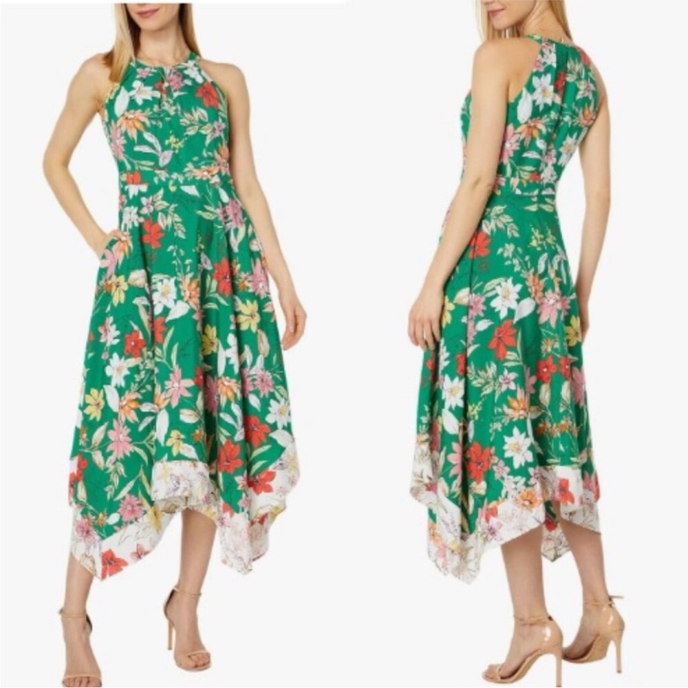 Vince Camuto Floral-Print Pleated Handkerchief-Hem Halter Midi Dress